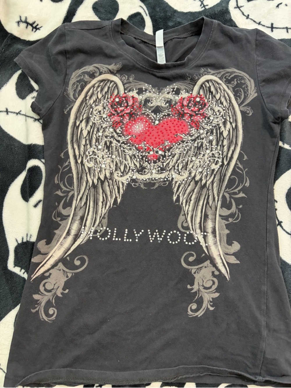 Black Tee with Red Heart and Angel Wings